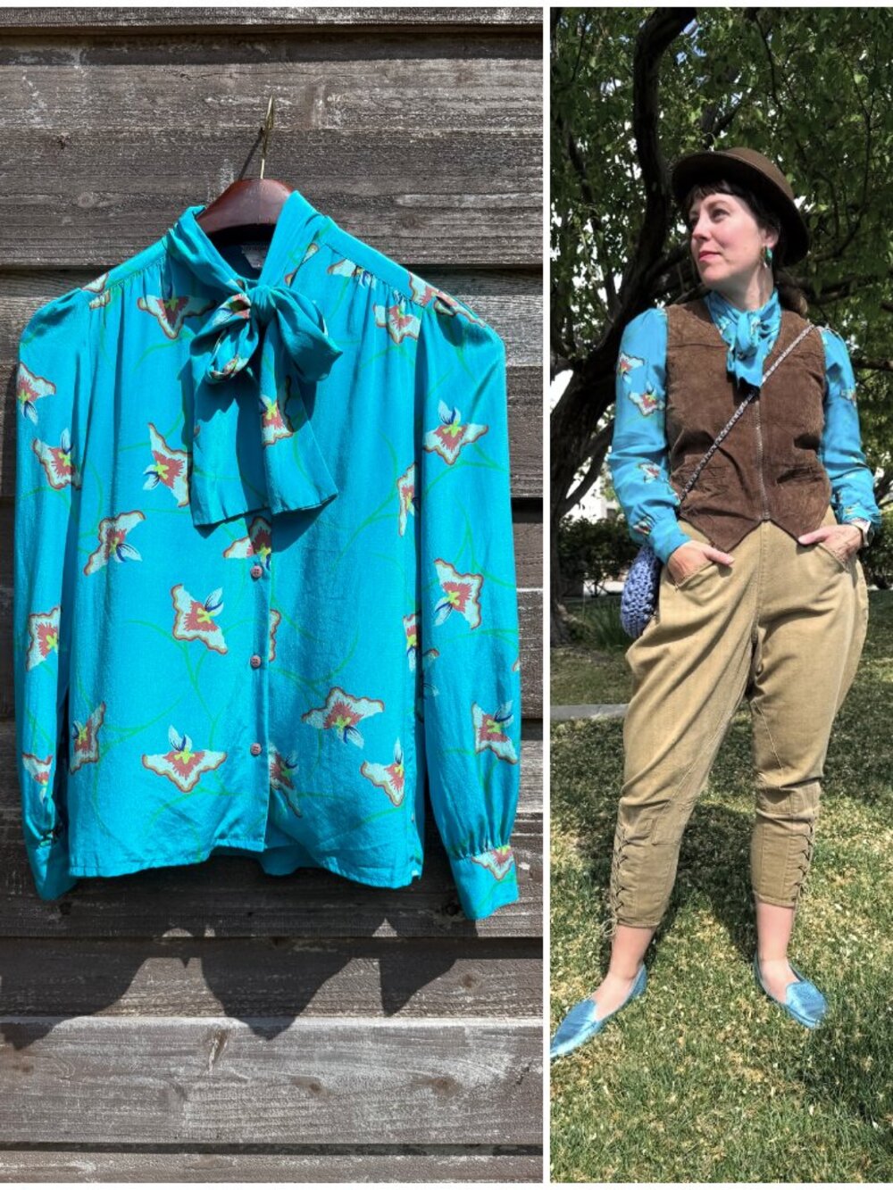 Vintage 70s Teal Silk Floral Print Pussybow Secretary Blouse Medium